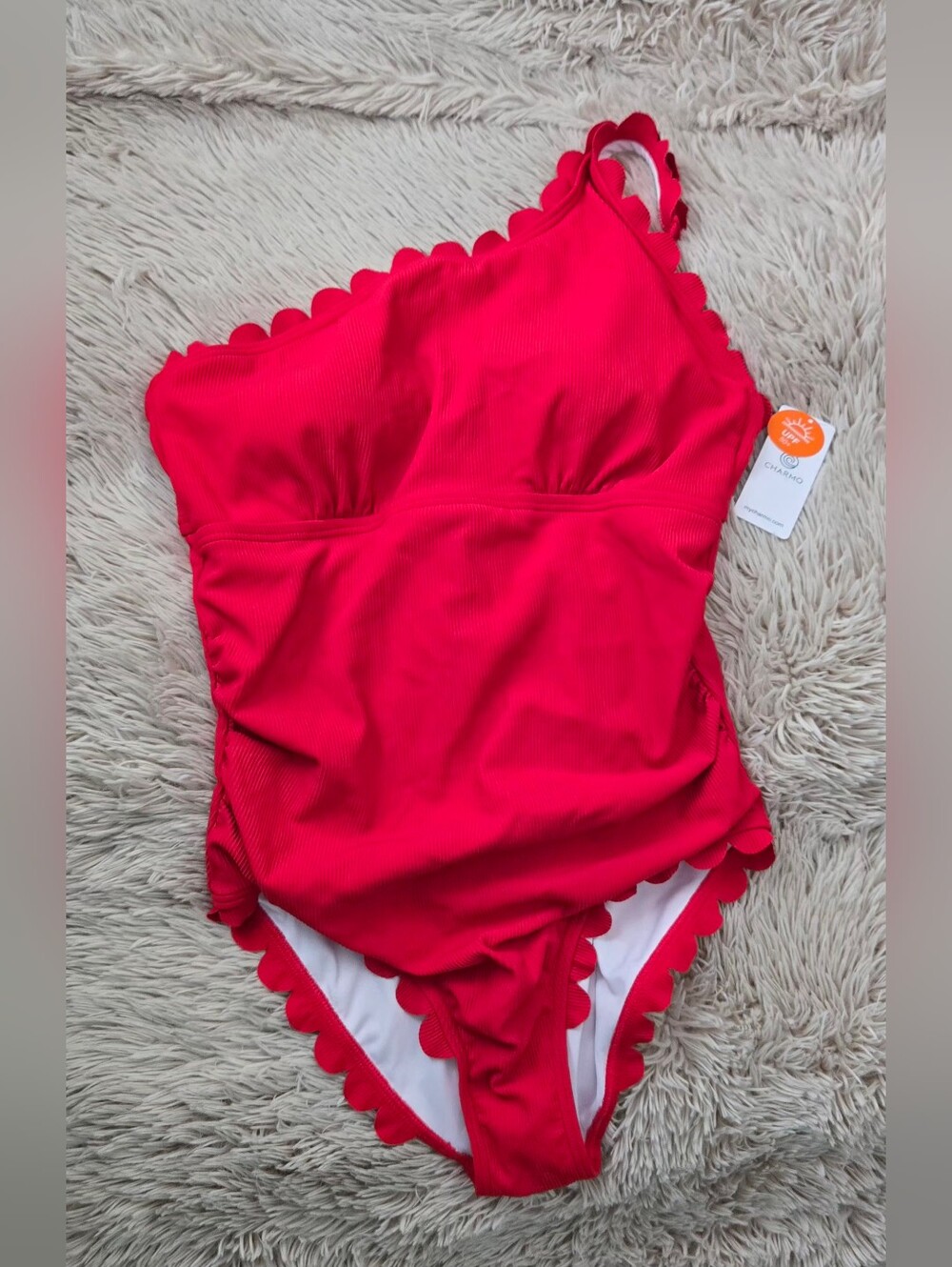 One-Shoulder Red Scallop Edge One-Piece Swimsuit #1300 - Picture 2 of 6